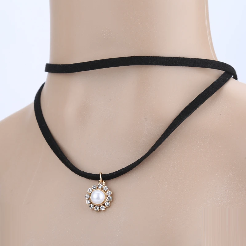 Черный Модный бархатный замшевый Чокер Ожерелье Подвеска с золотым цветком
