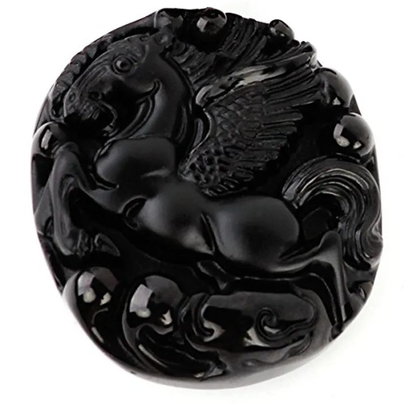 Натуральный черный обсидиановый камень круглый 3D летучая лошадь Пегас кулон