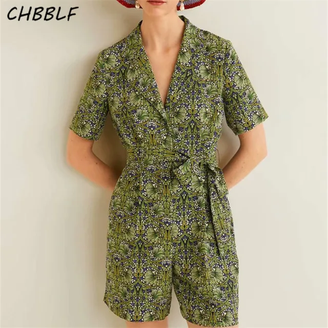 CHBBLF women floral print playsuits bow tie sashes notched collar pockets female casual rompers summer chic jumpsuits XDN8769 1