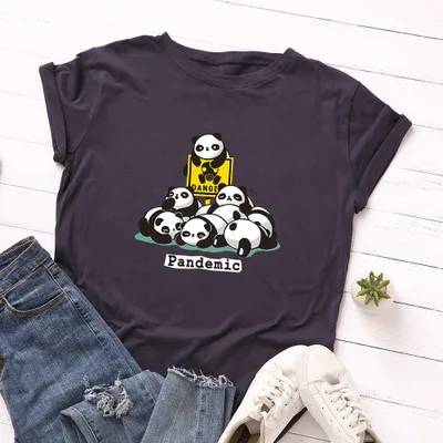 navy blue SINGRAIN/Базовая футболка с пандой, женская летняя безразмерная футболка с милым животным, хлопковые топы с забавным принтом, повседневные футболки с рисунком Харадзюку - Цвет: navy blue