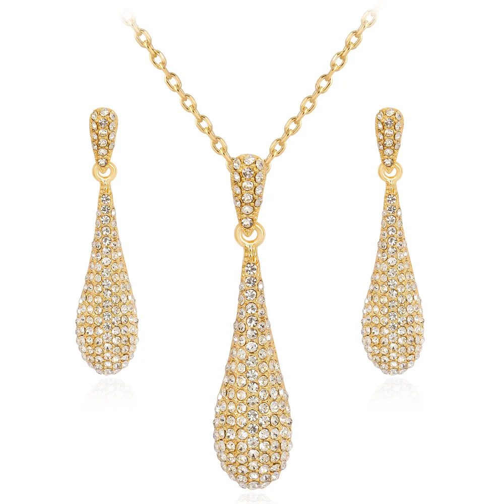Luxury Gold Color Exquisite Wedding Jewelry Sets For Women Full Rhinestone Crystal Water Drop Pendant Necklace And Earrings | Украшения и