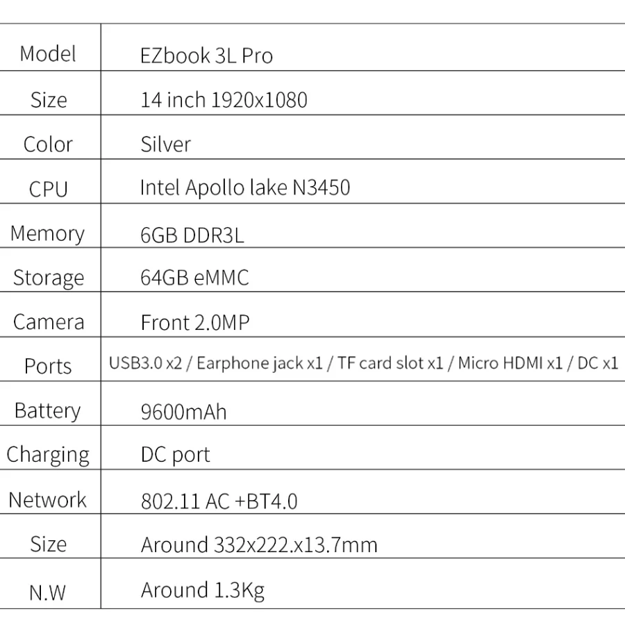 Джемпер EZbook 3L Pro 14 ''ноутбук Windows 10 Intel Apollo lake N3450 6 ГБ Оперативная память 64 eMMC