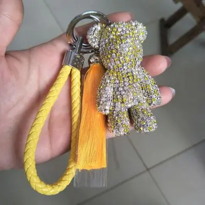 Роскошный ручной работы, со стразами стеклянный медведь брелок для ключей с кожаными кисточками брелок для ключей автомобиля ключ цепочка-украшение подарки 8 см - Цвет: style15