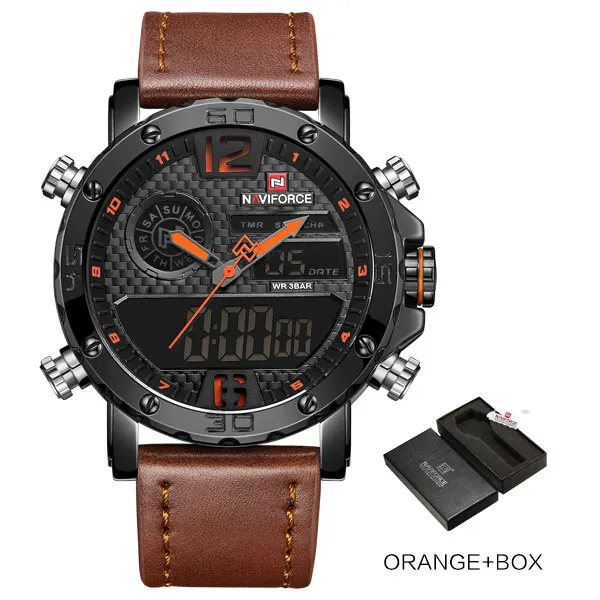 Orange With Box Модные часы NAVIFORCE, мужские, люксовый бренд, кварцевые наручные часы, мужские, повседневные, кожа, 30 м, водонепроницаемые, двойной дисплей, Relogio Masculino - Цвет: Orange With Box