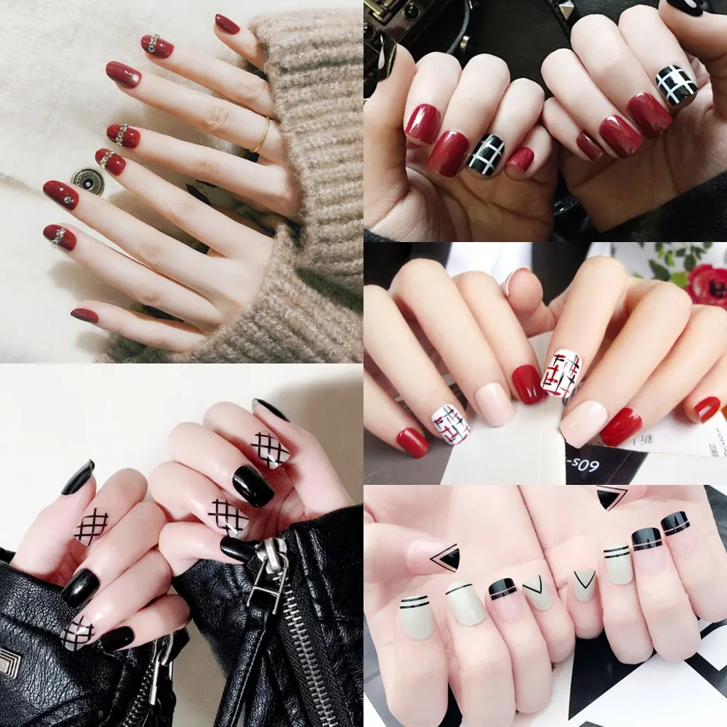 24pcs/set Lattice Grid Design Fake Nails Artificial French Multiple Colors False Tips Press on with Glue Sticker | Красота и здоровье