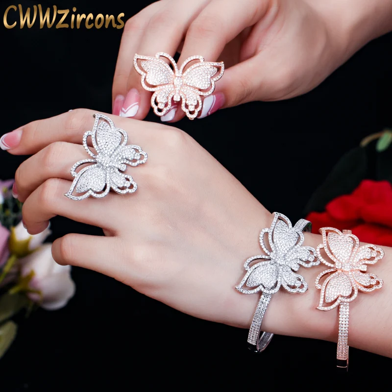 CWWZircons брендовый модный микро кубический цирконий камни розовое золото большой CZ Открытый браслет для запястья и кольцо Набор для женщин T227