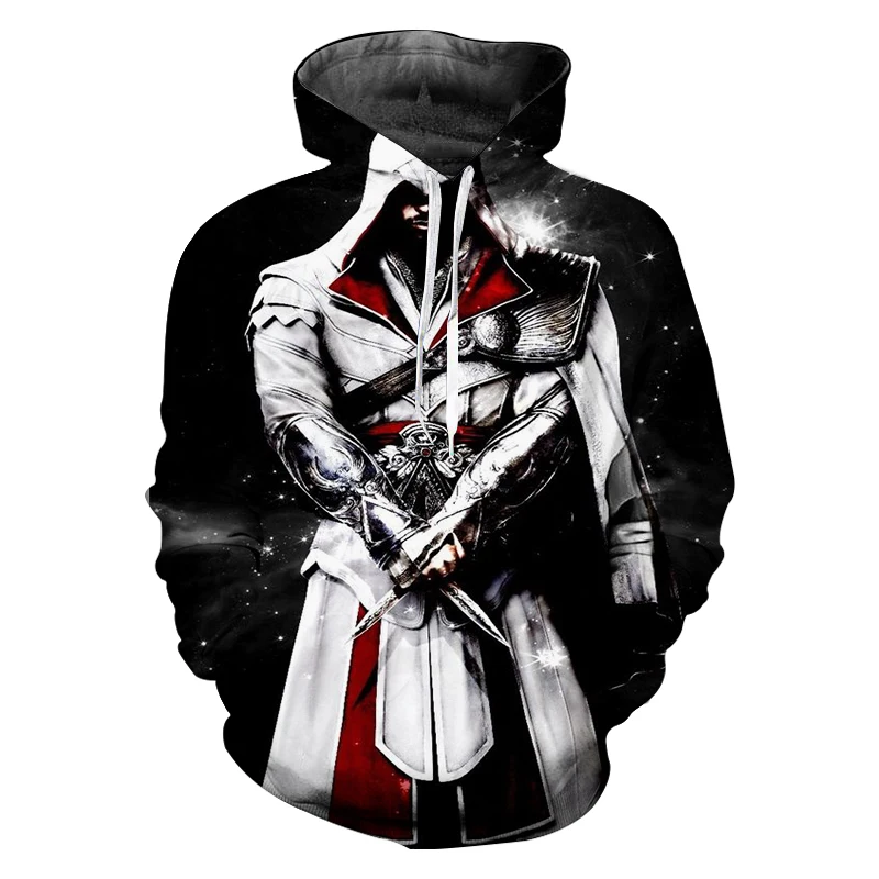 Черные толстовки с 3D принтом длинные для мужчин Assassins Creed капюшоном игры Мужская