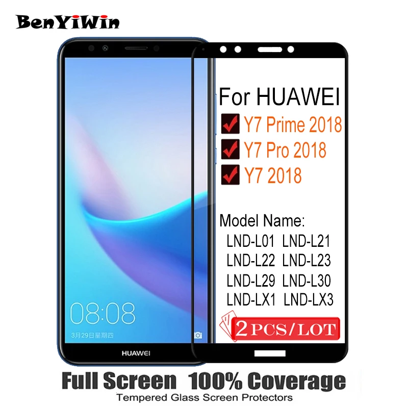 2 шт. 100% оригинальное закаленное стекло с полным покрытием для Huawei Y7 Prime 2018 9H