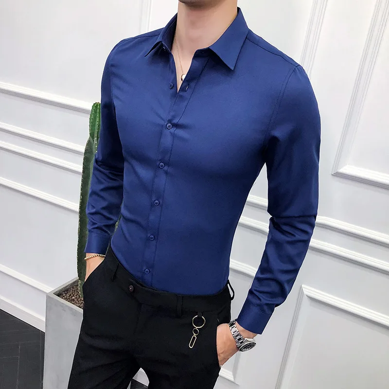 

High Quality Men Shirt Long Sleeve Solid Formal Business Shirt Slim Fit Brand Man Dress Shirts Social Turn-Down Collar 6Colors