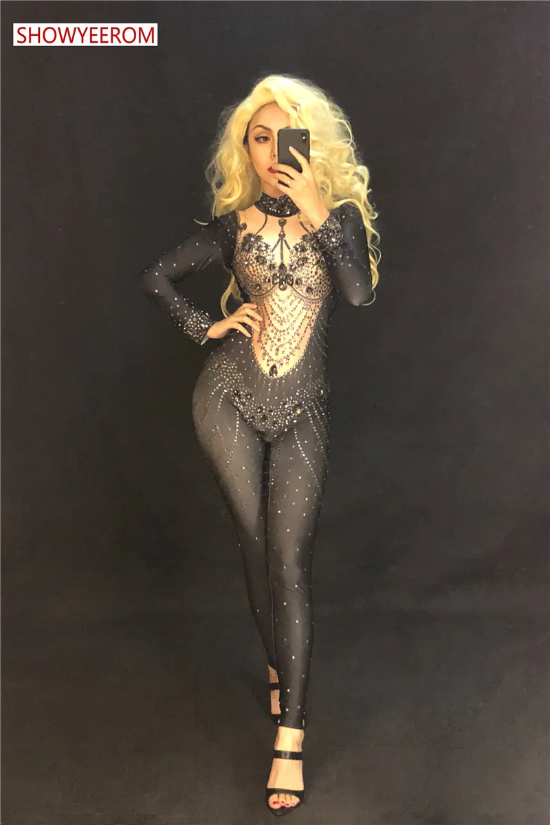 Ярко-черный комбинезон со стразами и длинными рукавами из спандекса Женский