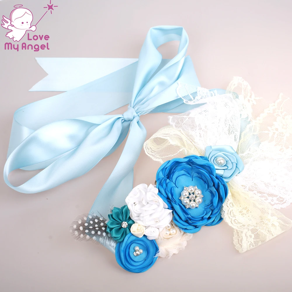 Пояс с цветком для маленьких девочек голубой белый сатиновый перьевой кружевной