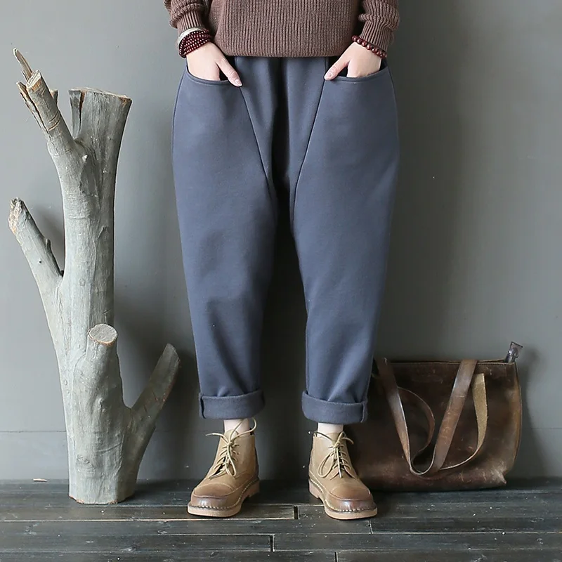 Женские штаны шаровары теплые винтажные из хлопка и флиса на осень зиму A273|pantalon