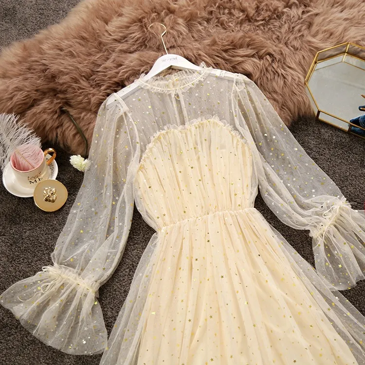 Young Gee Модные женские прозрачные платья с блестками vestidos verano романтическое сексуальное Сетчатое милое свободное платье с оборками