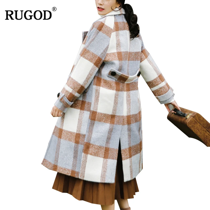 RUGOD Новое корейское цветное шерстяное пальто женское зимнее толстое в клетку