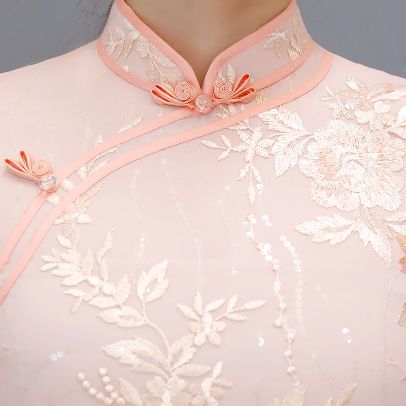 

2019 Autumn Long Cheongsam Traditional Chinese style Mesh Dress Womens Mandarin Collar Qipao Sexy Slim Party Dresses Vestido