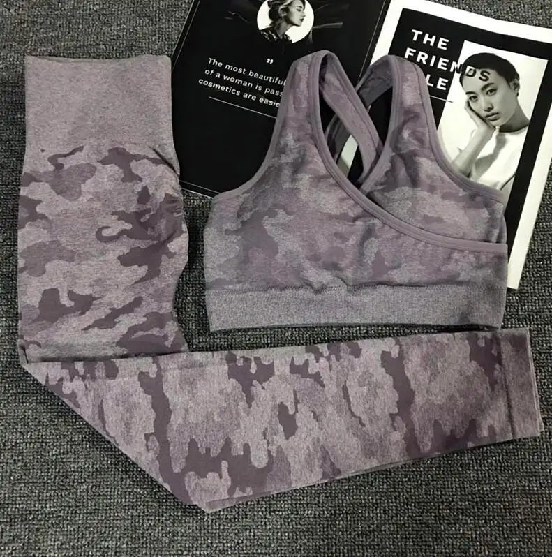 Purple Set 2 шт./компл. камуфляж Йога Комплект Для женщин бесшовные Фитнес Йога бюстгальтер спортивный бюстгальтер Высокая Талия тренажерный зал камуфляжной расцветки, легинсы, штаны для фитнеса костюмы тренировки - Цвет: Purple Set