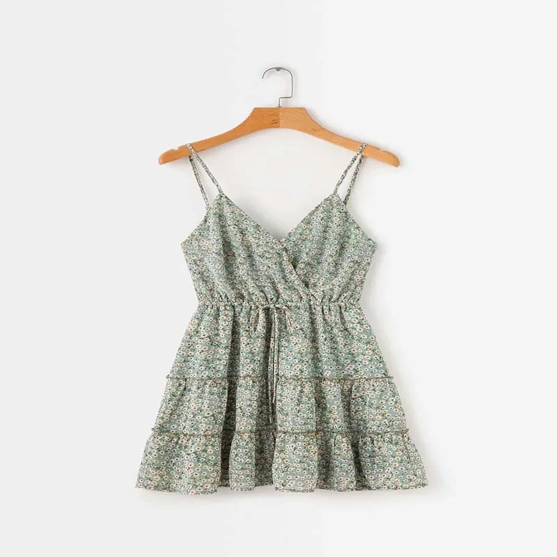 New Sleeveless Sling Dress small fresh broken flowers V neck Chiffon mid-length dress Popular beach Women 2019 Summer | Женская одежда