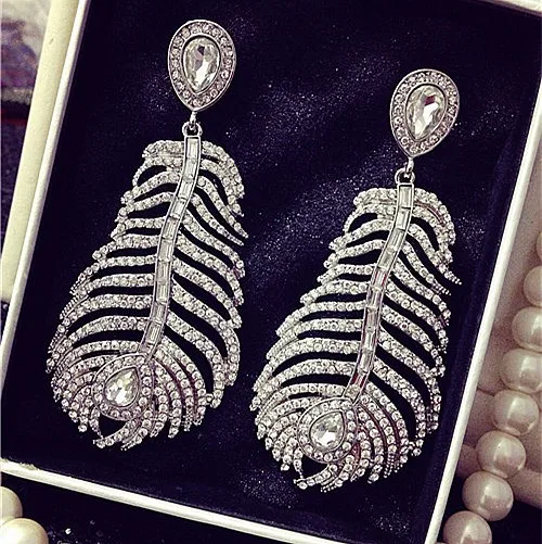 Женские сверкающие серьги в стиле барокко большие стразы виде листьев и перьев