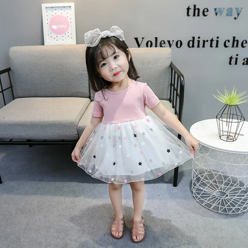 Лето 2019 Детские 0 3yea для девочек детские милые с короткими рукавами star mesh платья