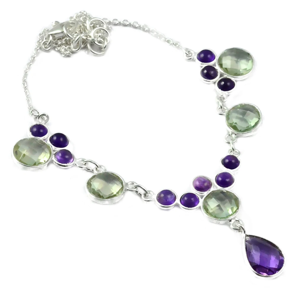

Nature Green Amethyst + Amethyst Necklace 925 Sterling Silver, 45 cm, MHBNE0028