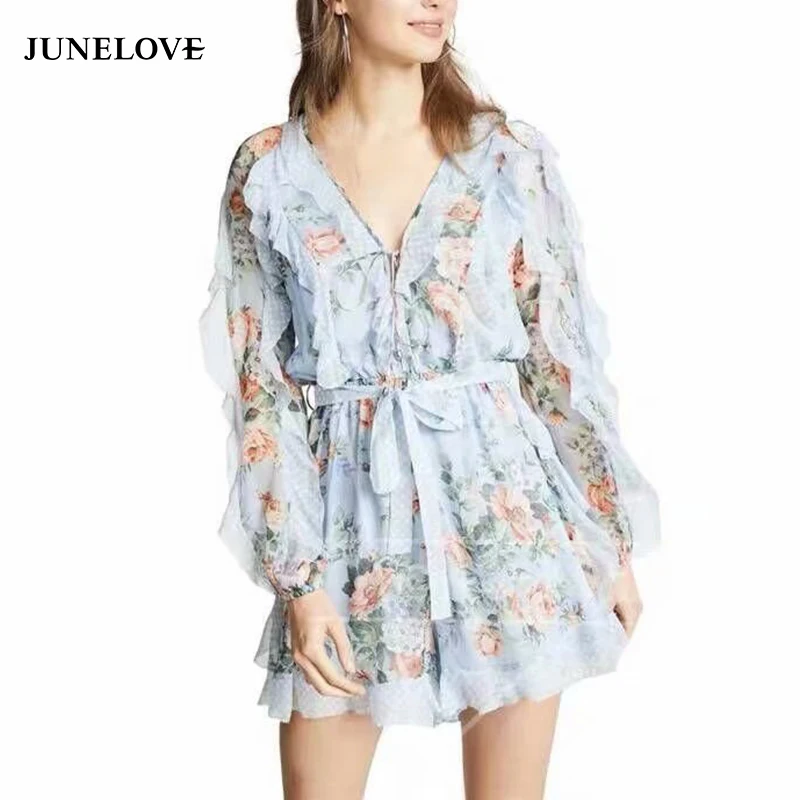 Женский винтажный комбинезон JuneLove пляжный с длинным рукавом и оборками