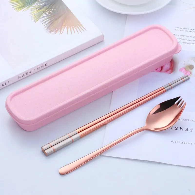 rose gold set 3 шт. из нержавеющей стали 3 в 1 вилка ложка палочки для еды набор портативный набор посуды с коробкой для взрослых путешествия для пикника столовые приборы набор посуды - Цвет: rose gold set