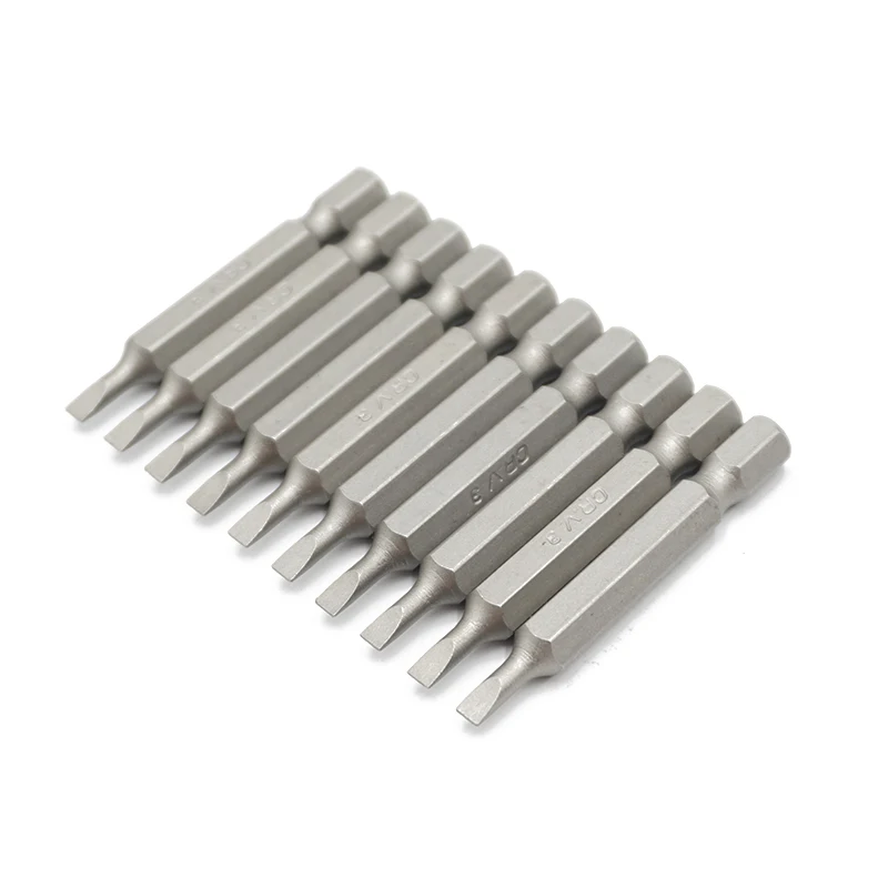10pcs 1/4 inch Shank Flat Head Slotted Tip Chrome Vanadium Steel 50mm Length SL3 Screwdriver Bit Set For Home Repair Hand Tools