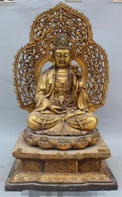 S5357 23&quot Marked Chinese Bronze Gilt Seat Lotus Kwan-yin Bodhisattva Goddess Statue |