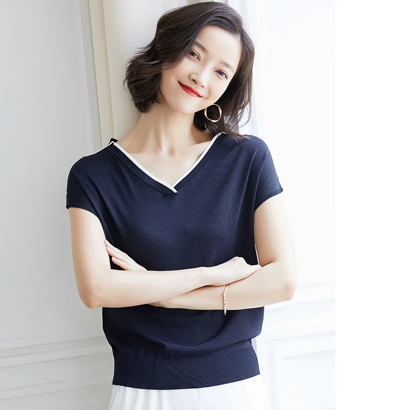 navy blue 019 летние элегантные трикотажные топы, футболки с коротким рукавом, однотонные футболки с v-образным вырезом, облегающий пуловер, повседневная женская футболка, XZ067 - Цвет: navy blue