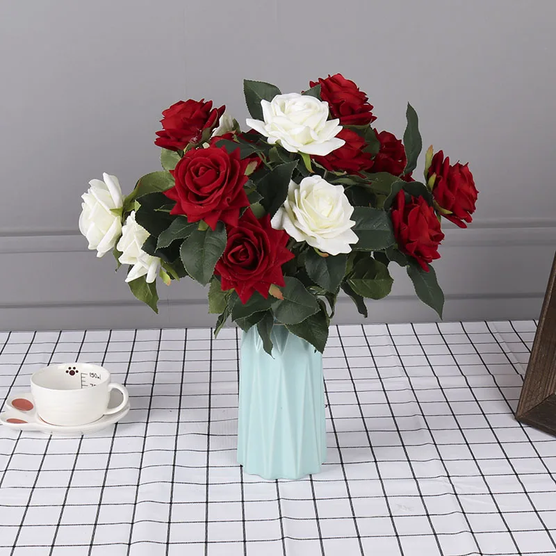 

2 Heads Rose Artificial Flower Velvet Silk Flowers DIY Bride Bouquet Fake Flower For Home Party Wedding Decoration