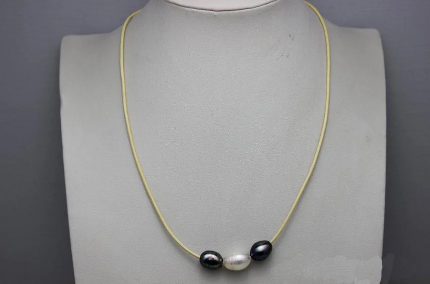 Handmade Leather Pearl Jewelry White Leather White & Black Freshwater Pearl Necklace 18 inches No Metal