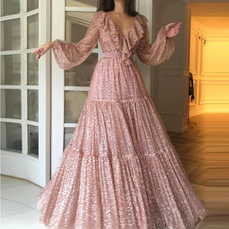 

S-XL women v neck long sleeve maxi dress sequined dress elegant ceremony night evening party club dress