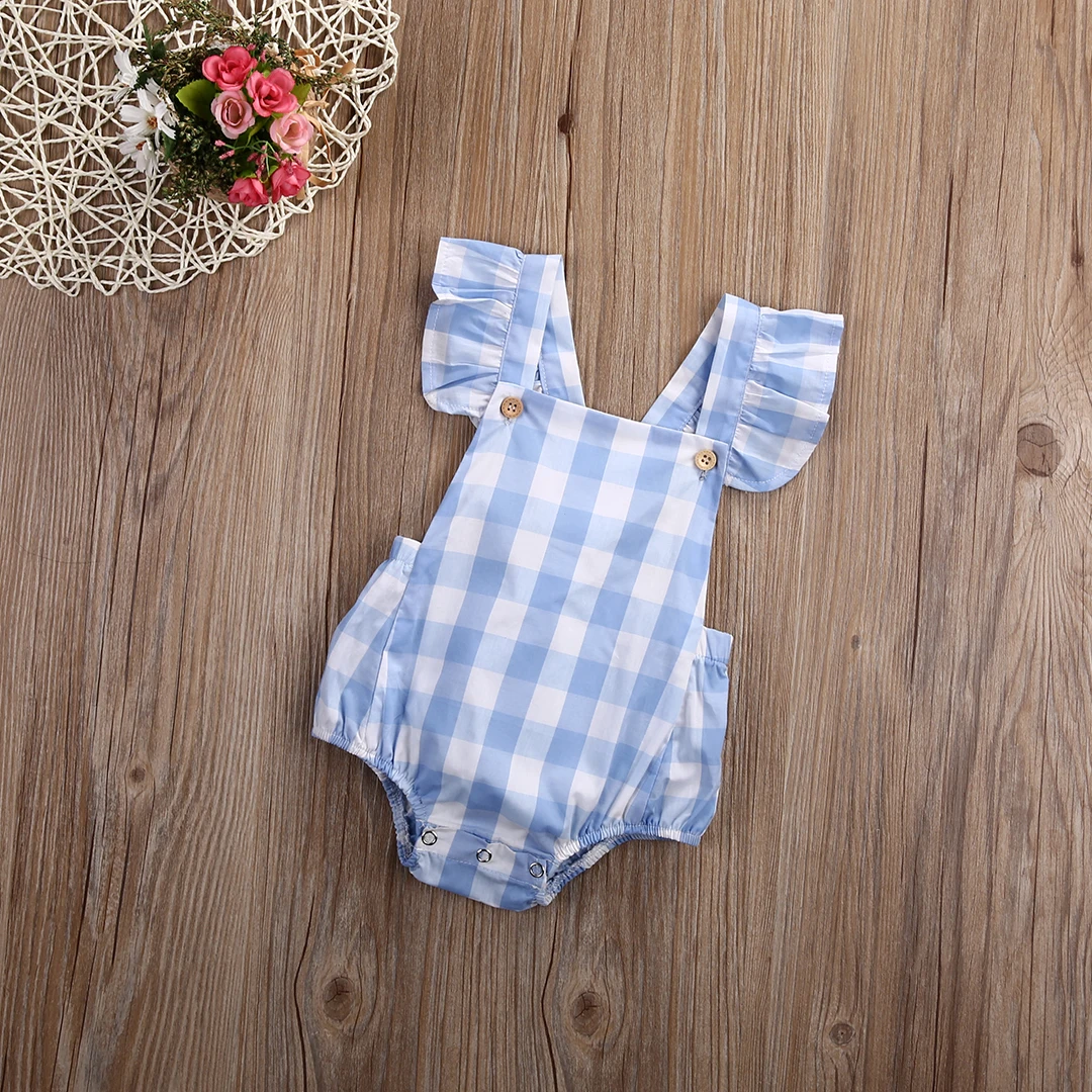 2017 Милая одежда для маленьких девочек летний комбинезон в синюю и белую клетку с