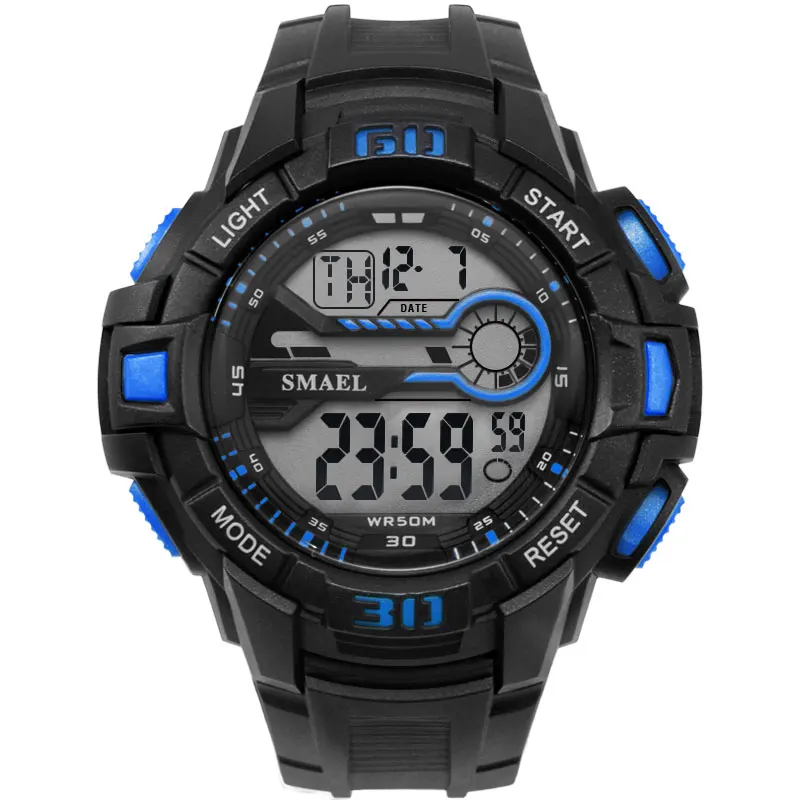 Спортивные часы, 5 бар, водонепроницаемые, SMAEL, светодиодный бренд, часы с автоматическим будильником, мужские часы с большим циферблатом, 1513, цифровые наручные часы, водонепроницаемые - Цвет: Blue