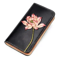 New Women Genuine Leather Wallets Carving Lotus Zipper Bag Purses Long Clutch Vegetable Tanned Leather Wallet New Year Gift