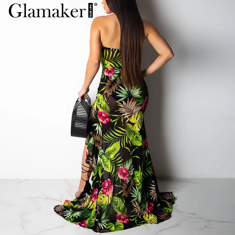 Женское длинное платье с цветочным принтом Glamaker высоким разрезом и оборками в