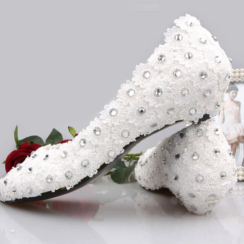 Белые кружевные свадебные туфли на низком каблуке 1 дюйм женские вечерние для