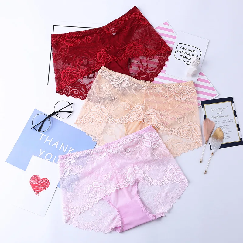 AWAYTR Plus Size Sexy Lace High Waist Women Panties Female Rose Flower Hollow Out Ladies Transparent Underwear 11 Colors L-XXL |