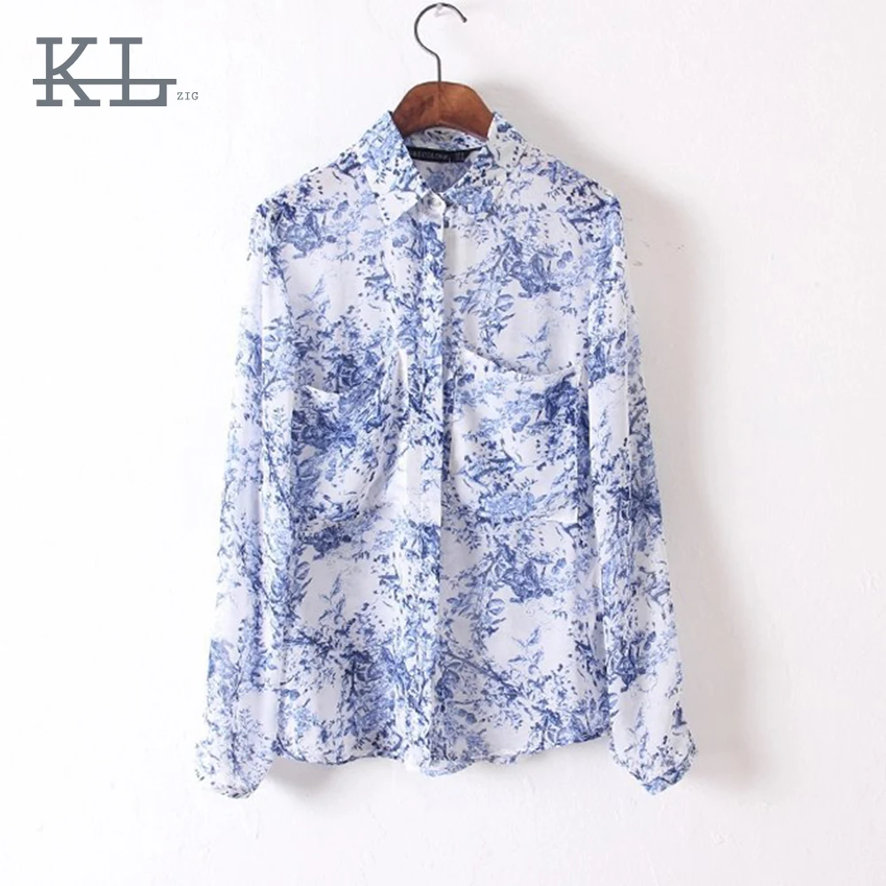 Новый Женский Голубой Цветок Шаблон Печатной Полный рукавом отложным Воротником