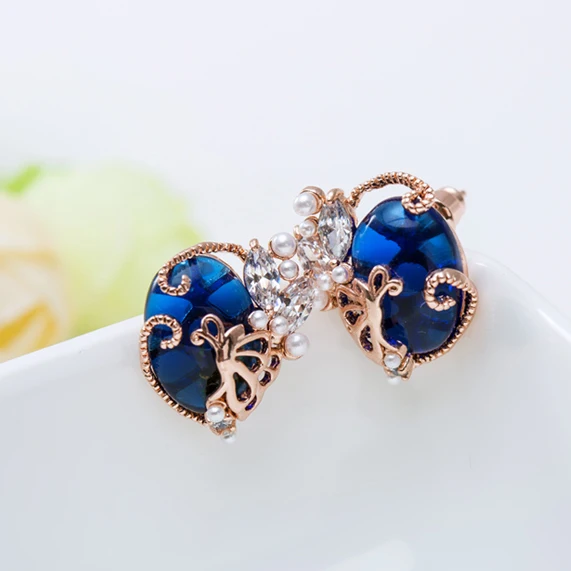 Rose Gold Blue LUOTEEMI, розовое золото, уникальный гранат, розовый, красный и королевский синий, 3 варианта, имитация жемчуга, CZ серьги-гвоздики для женщин, винтажное ювелирное изделие - Окраска металла: Rose Gold Blue