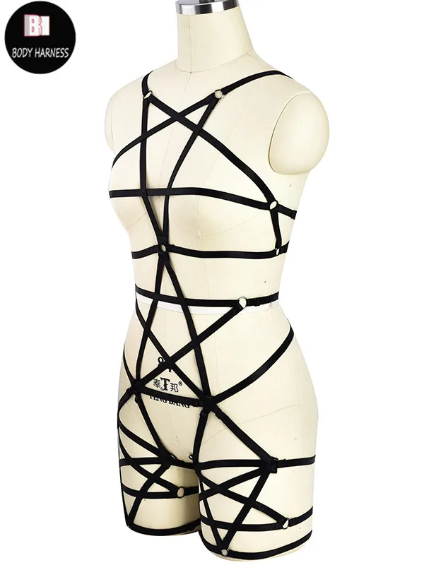 Черное Женское боди с пентаграммой бюстгальтер-портупея для танца на шесте пояс