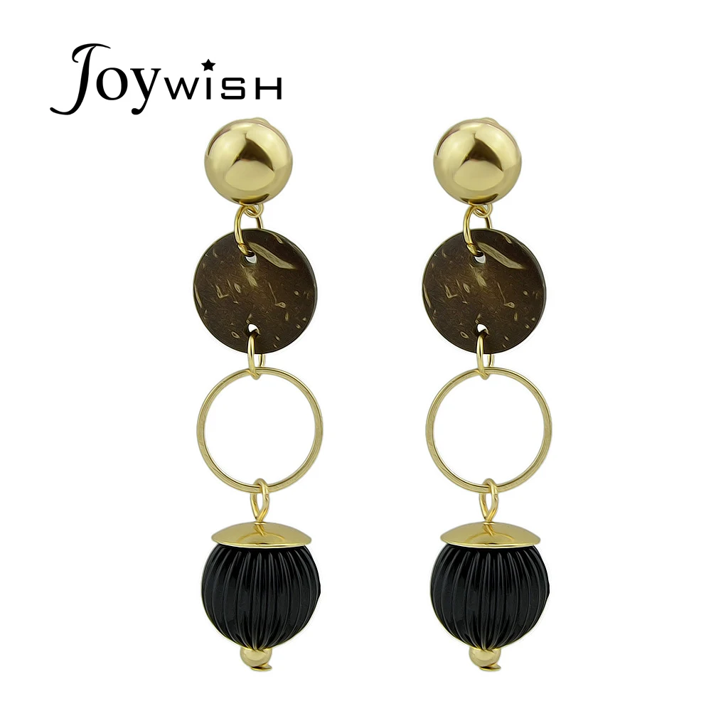 Punk Style Gold Color Circle Party Earrings Coffee Wood Black Beads Statement Long for Women Niceshow|bohemian drop earrings|bohemian