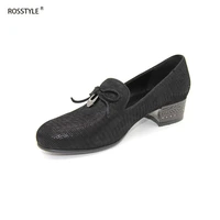 rosstyle solid color pattern genuine leather women shoes trend med heel square metal buckle sheepskin slip on women shoes c5