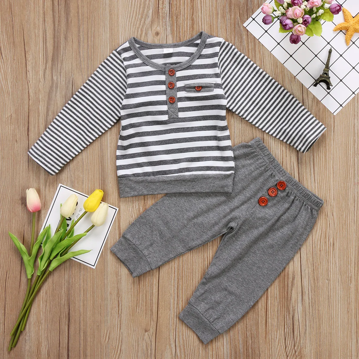 Infant Baby Boy Girl Striped Top Cotton Long Sleeve T-Shirt Warm Pants Outfit Set Clothes 2Pcs | Детская одежда и обувь