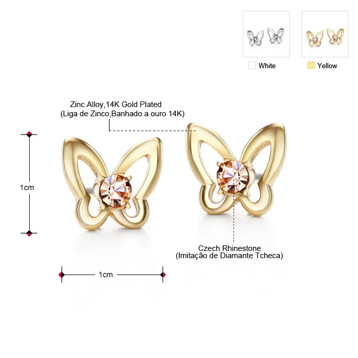 Neoglory цинковый сплав чешские Стразы Бабочка серьги гвоздики для женщин