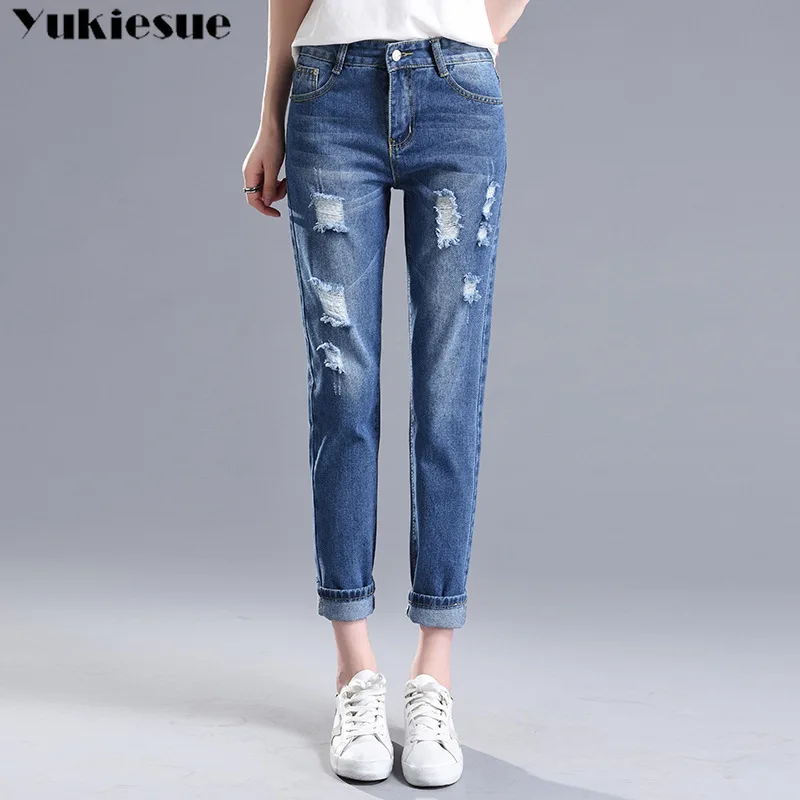 Зимние рваные джинсы 2018 Женские бойфренды с высокой талией для женщин большие