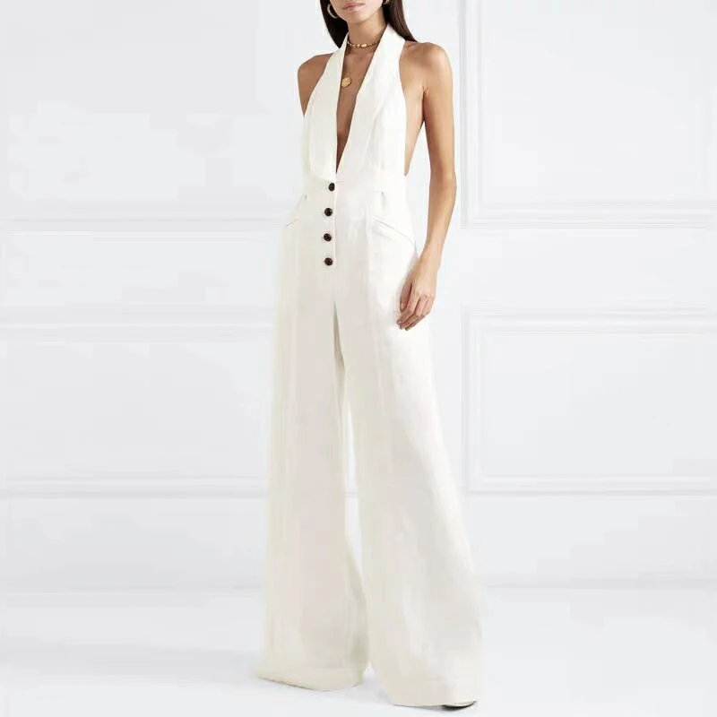 INDRESSME 2019 New Vestidos Women Sexy Deep V Halter Single Breasted Sleeveless Backless Party Summer Full Legs Jumpsuit | Женская