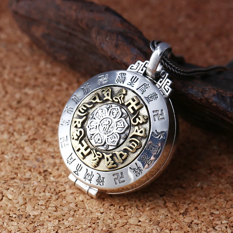 925 sterling silver Vintage pendant Chinese style Om mani padme hum Kwu box for men and women fashion jewelry can opene | Украшения и