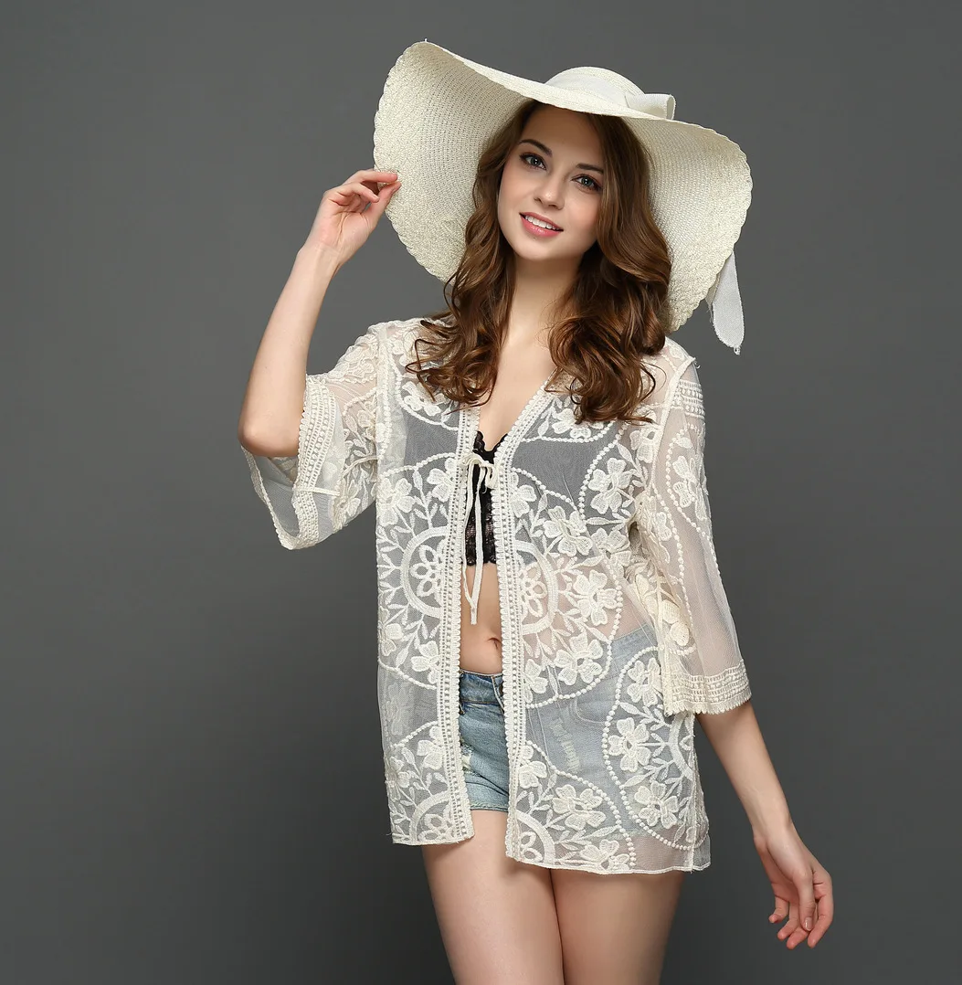 Женские блузки с кружевными цветами повседневные длинным рукавом кимоно