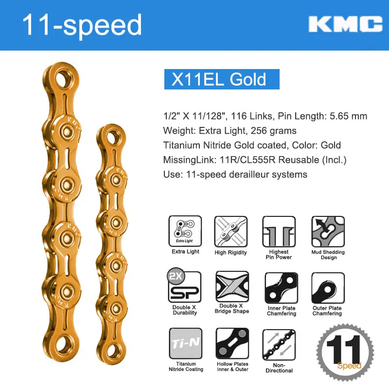 X11EL Gold N 2Links KMC велосипед 11 скоростной цепи W/оригинальные MissingLinks разъемы X11 серии X мост опционально серебряные золотые полые пластины/Pin - Цвет: X11EL Gold N 2Links